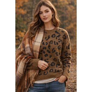 Abercrombie & Fitch Leopard Print Knit Sweater XS Brown Cozy Pullover
